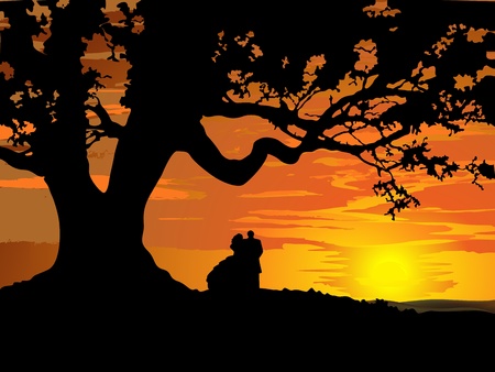 Silhouette of couple in love to tree at sunsetのイラスト素材