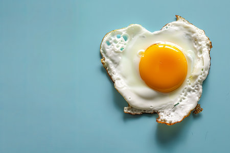Heartshaped fried egg on blue background, a beautiful dish for a special event