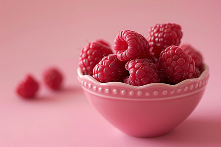 Pink bowl with wine raspberries on a pink background