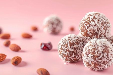 Cuisine Chokladboll. Sweet chocolate balls with coconut on a pink surfaceの写真素材