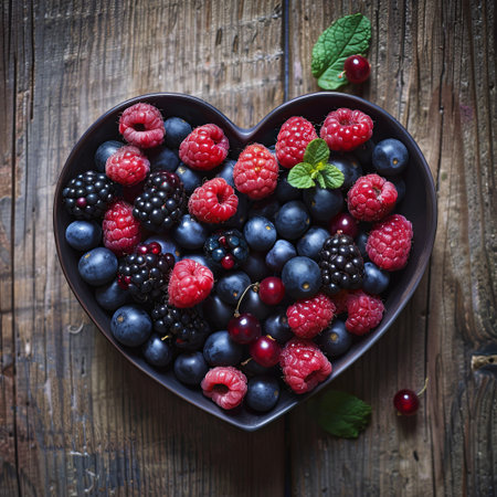 Heart shaped bowl of berries on table, natural foodの写真素材