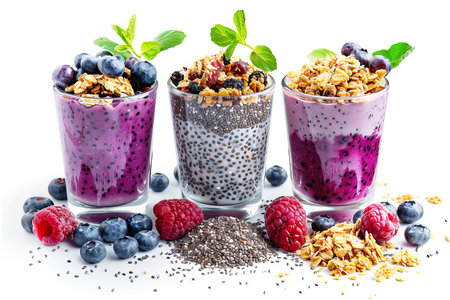 Three glasses with assorted smoothies and fresh berriesの写真素材