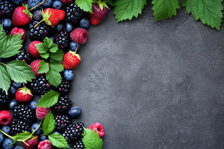 a bunch of different types of berries with leaves on a black background