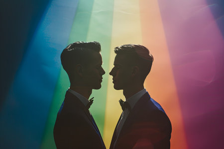Two men are gesturing in front of a display device with a rainbow background. The electric blue and magenta colors add a touch of fun to the art event, set against the darknessの素材