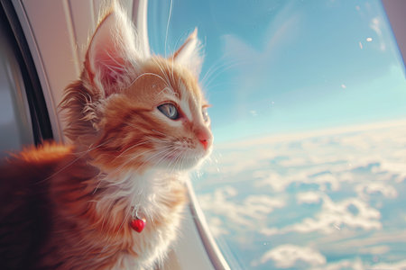 A Felidae Carnivore with whiskers looks out the airplane window at the fawn skyの素材