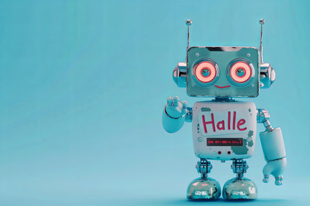 A robot with a halle sign, wearing PPE stands on electric blue backgroundの写真素材
