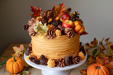A pumpkin cake with leaves and pumpkins on a cake stand
