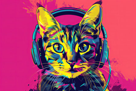 Colorful Felidae with headphones, whiskers, and vibrant paint on pink background