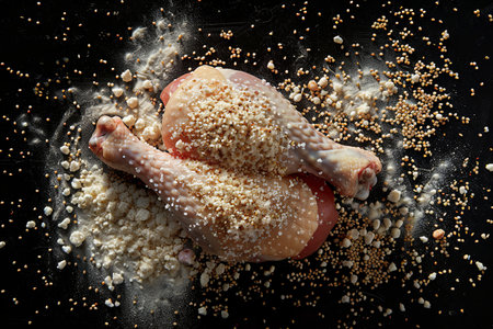 Food ingredient coated in crumbs on a dark surfaceの写真素材