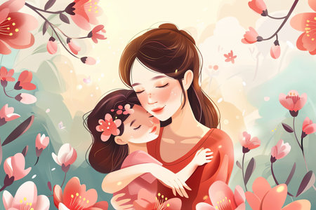 A woman with black hair holds a happy little girl with a flower in her hairの素材