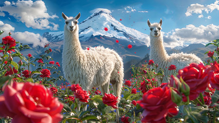 Two llamas in a red rose field with mountains as a backdropの素材