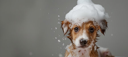 A Carnivore Canidae dog breed enjoying bath, foam on headの写真素材