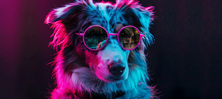A carnivore Dog wearing Electric blue sunglasses in neon lightの写真素材