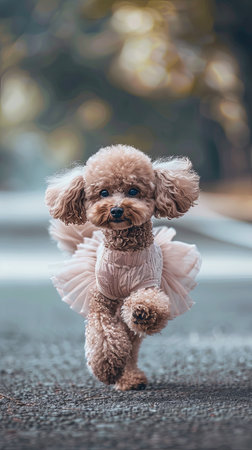 A small Toy Poodle, a companion dog breed with a fawn coat color, is prancing down the street in a cute pink tutuの素材