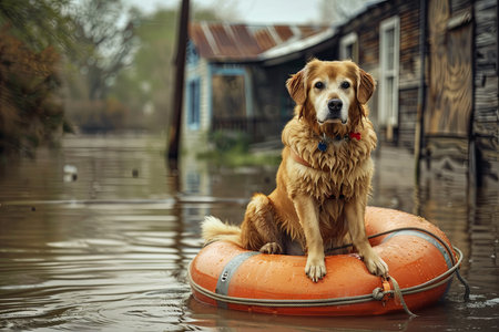 A carnivore dog, a working animal breed, sits on a life preserver in a flooded area by a lake. The loyal companion dog is resting under a tree near the waterの素材