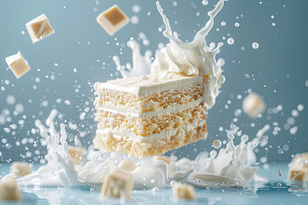 white chocolate slice flying in the air with milk splash, pieces of white cake levitating on a pastel blue backgroundの素材