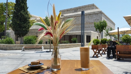 A tall glass of Traditional Cold Greek Coffee frappeのeditorial素材