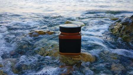 Jar with honey on a rock in the sea.の写真素材