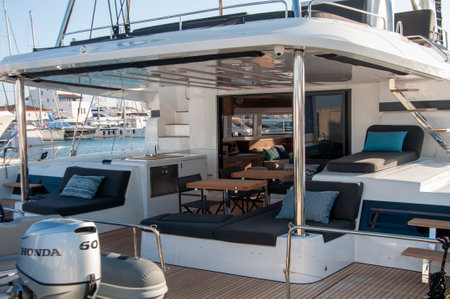 A boat show is a trade fair of current boat models, debuts, concept vessels. May 18, 2023 at Limassol Marina, Limassol, Cyprusのeditorial素材