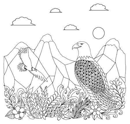 illustration eagle in the mountains with flowers. Coloring Book, anti-stress for adults. Black white.のイラスト素材