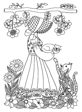 illustration girl with a kitten on arms or hand in the flowers. A cat asks for hands of. Doodle drawing. Coloring book anti stress for adults. Meditative exercises. Black and white.のイラスト素材