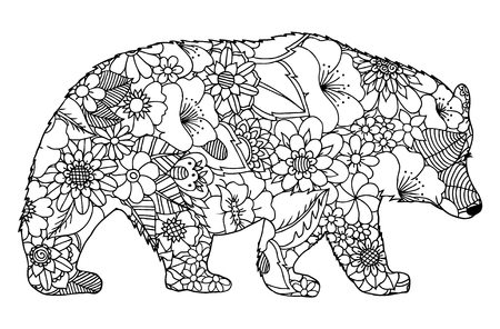 illustration silhouette of bear from flowers. Coloring Book, anti-stress for adults. Black and white.のイラスト素材