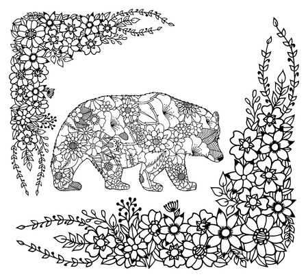 Vector illustration bear contour consisting from flowers in the frame. Work done by hand. Book Coloring anti-stress for adults and children. Black and white.のイラスト素材