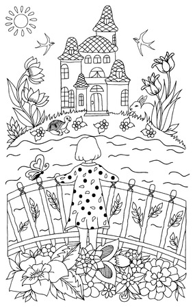 Girl on a bridge looking at the castle across the river. Coloring book anti stress for adults.Black and white.のイラスト素材