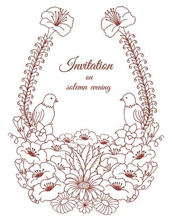 Vector illustration of an invitation card from flowers and birds.のイラスト素材
