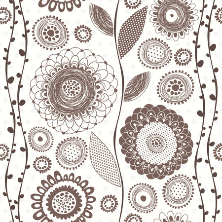 Seamless monochrome pattern with abstract leaves and flowers のイラスト素材