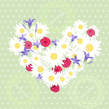 Summer  Heart of daisies, bellflower and raspberries on a polka dot background  Vector illustration, can be used as seamless pattern のイラスト素材