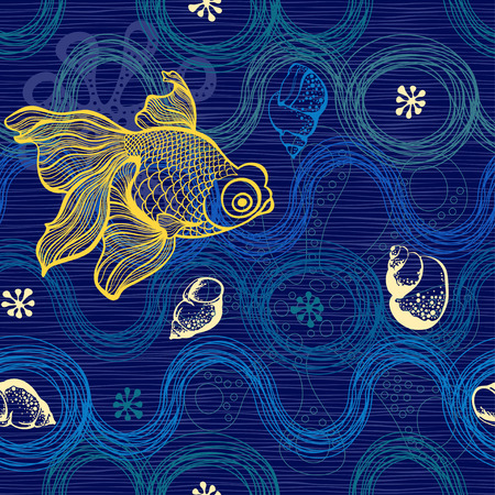 Marine seamless pattern. Hand drawn vector illustration with seashells,fish and starfish.のイラスト素材