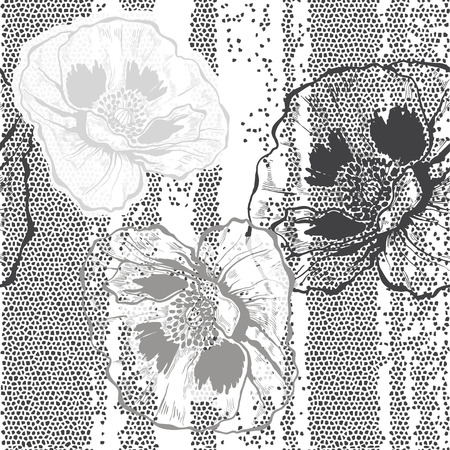 Monochrome seamless pattern with poppies. Hand-drawn floral background.のイラスト素材