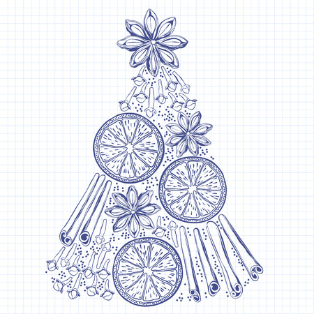Xmas Decorations. Abstract Christmas Tree, cinnamon sticks, star anise, orange, clove. Doodle sketch.のイラスト素材