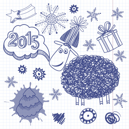 New Year`s Set. Vector illustration, skech with Lamb - symbol of New Year 2015のイラスト素材