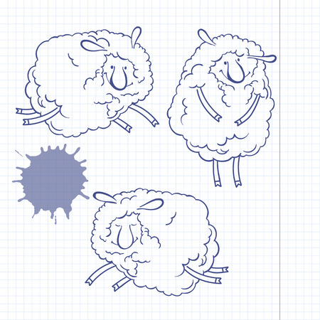 Three funny cartoon sheep. Doodle set, sketch, vector illustration.のイラスト素材