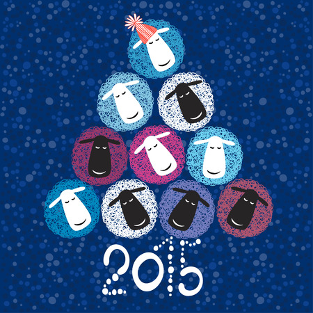 2015 new year card with Christmas tree of cute  sheeps. Vector illustration.Symbol of the New Year 2015のイラスト素材