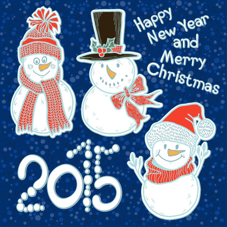 Merry Christmas and a happy New Year. Holiday card with cute snowmen. Vectort cartoon background with holiday symbols.のイラスト素材
