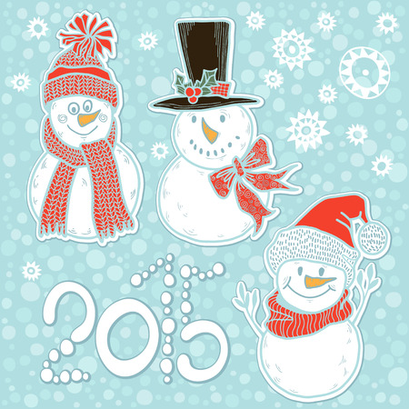 2015 new year card with cute  snowmen. Vector illustration, holiday background.のイラスト素材