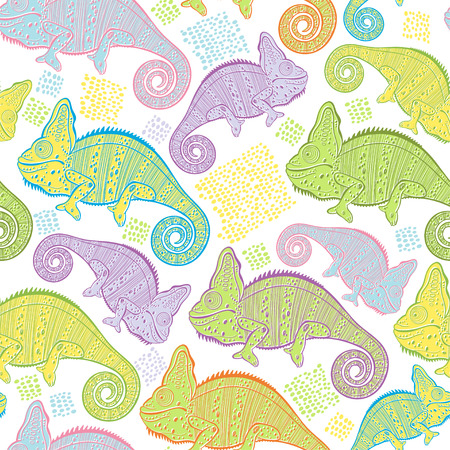 Seamless pattern with cartoon colorful chameleons.のイラスト素材