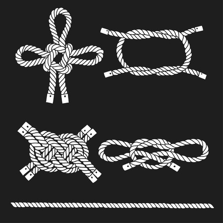 Set of marine rope, knots. Vector isolated  elements on a black background. Hand-drawn vector illustration.のイラスト素材