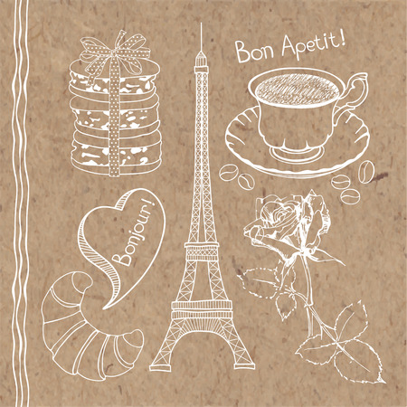 Set of hand drawn symbols of France doodles isolated on kraft paper background.のイラスト素材