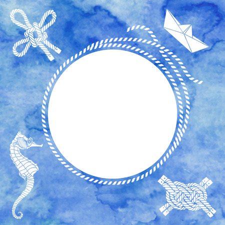 Nautical card with frame marine knots ropes seahorse and boat on blue watercolor background.Vector background with space for text.のイラスト素材