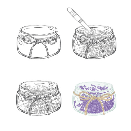 Jars with aromatic salt isolated on white background. Hand drawn illustrationvector set.のイラスト素材