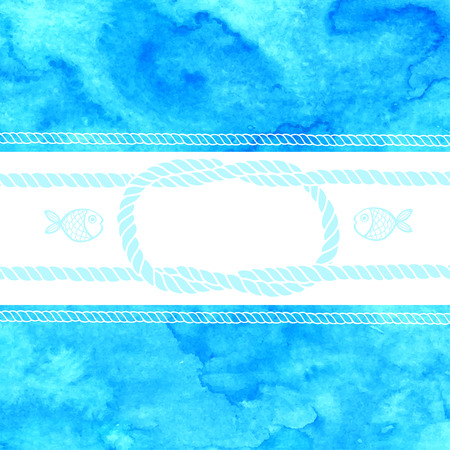 Nautical card with frame marine knots ropes and fish on watercolor background.Vector background.のイラスト素材