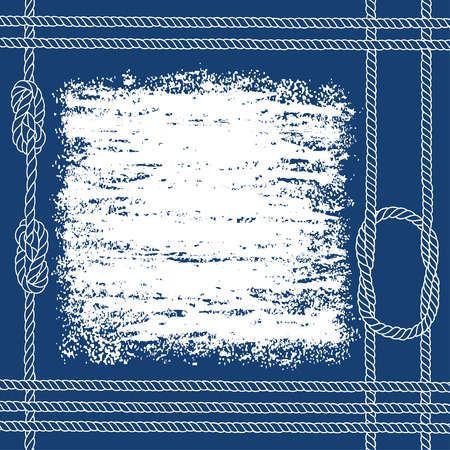 Nautical card with frame marine knots and ropes on blue background.Vector background with space for text.のイラスト素材