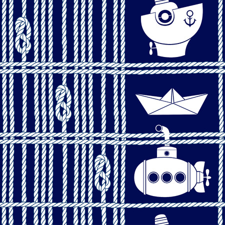 Seamless nautical background with ropes, knots and cartoon ships.のイラスト素材