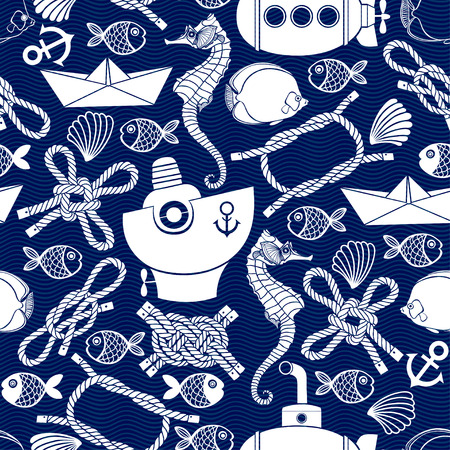 Seamless pattern with cartoon marine elements. Nautical background, cute kids background.のイラスト素材