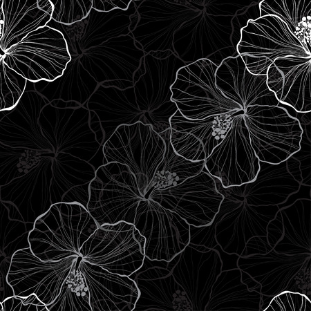 Black and white seamless pattern with hibiscus flowers.のイラスト素材