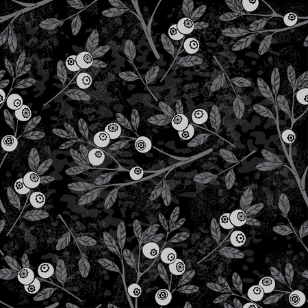 Abstract floral background with twigs berries. Monochrome seamless vector pattern.のイラスト素材